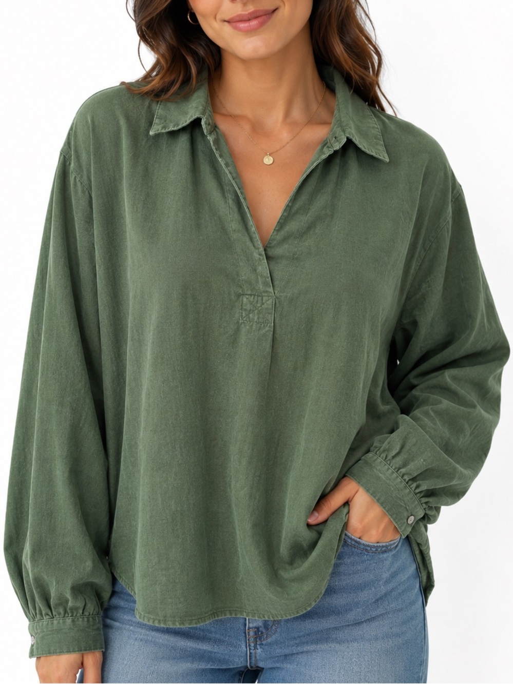 Corduroy J.Jill Women’s 4X Green Pullover Blouse Cotton Collared Long Sleeve Top
